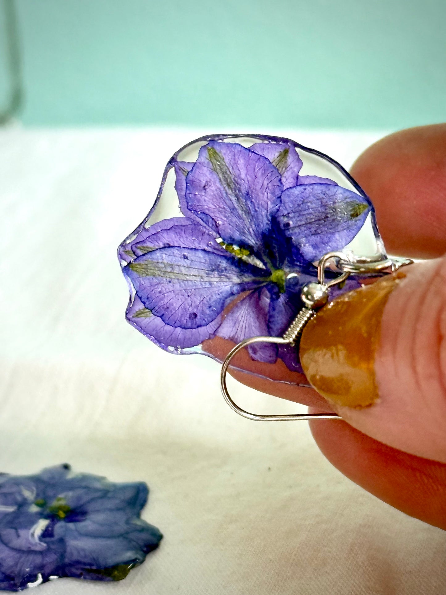 Handmade Resin Earrings with Real Azure Wolfsbane | Mystical Botanical Jewelry