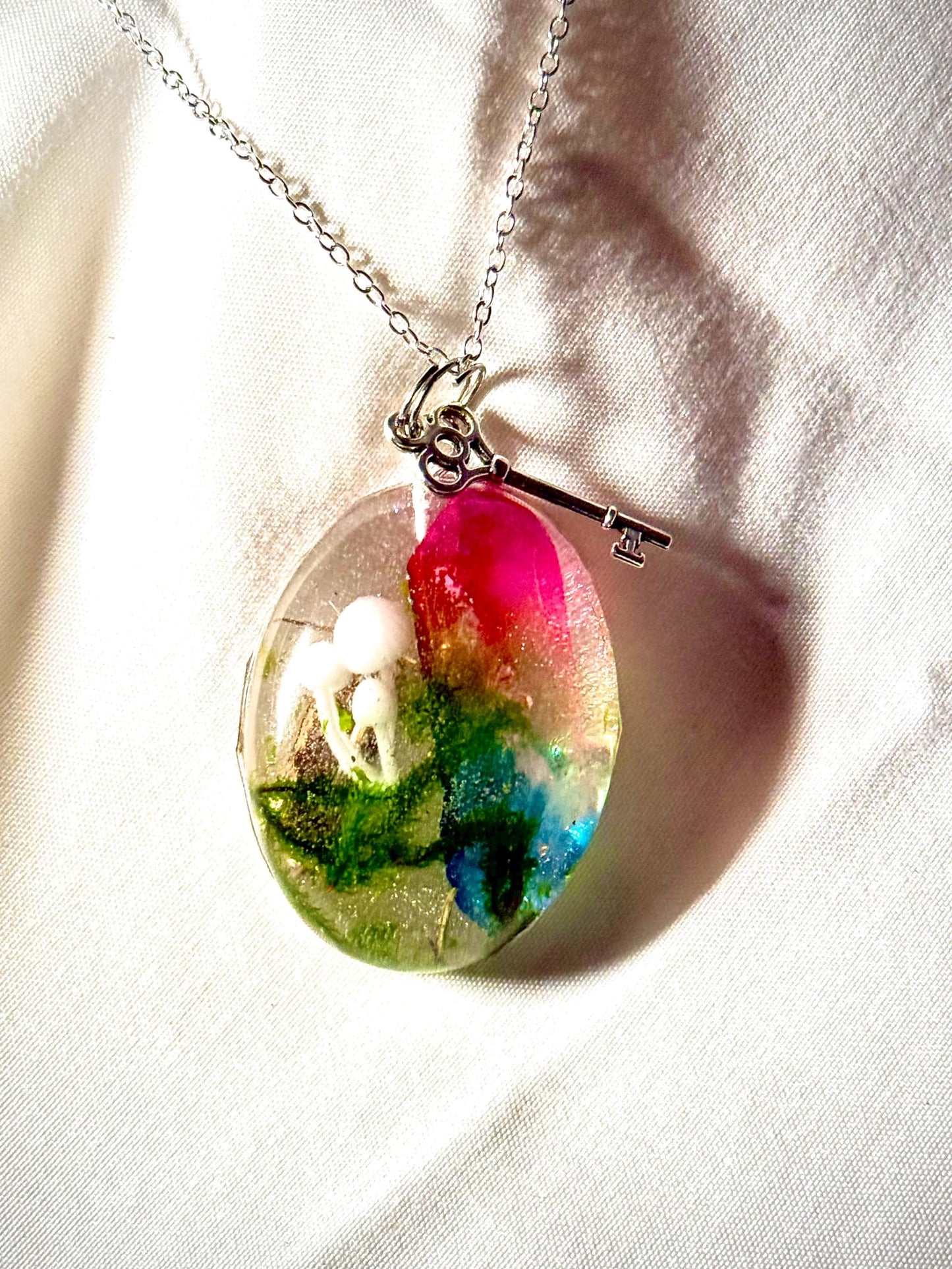 Resin Pendant Necklace with Aura Quartz, Mushroom and Moss, Nature-Inspired Jewelry, Boho Witchy Aesthetic