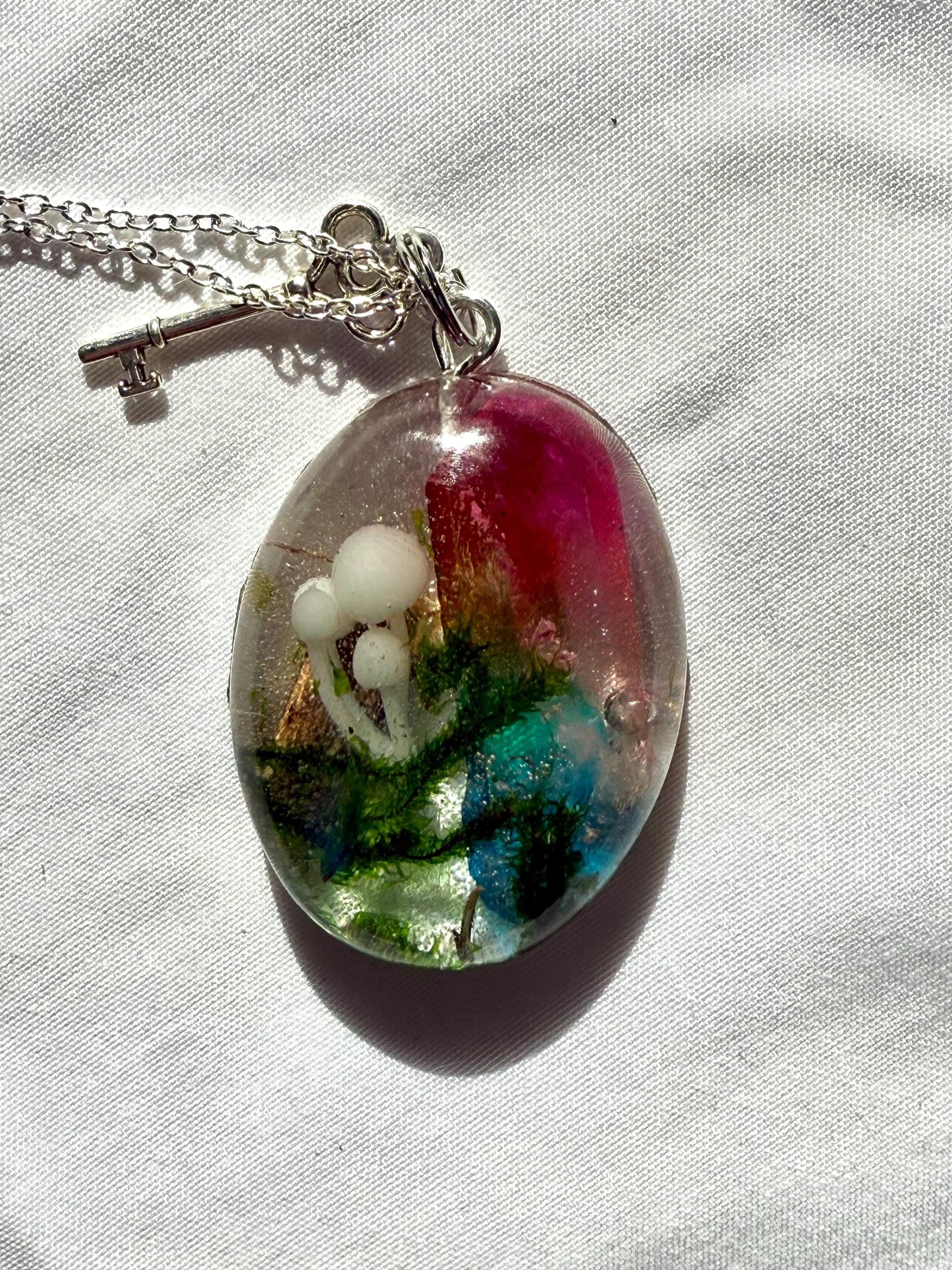 Resin Pendant Necklace with Aura Quartz, Mushroom and Moss, Nature-Inspired Jewelry, Boho Witchy Aesthetic