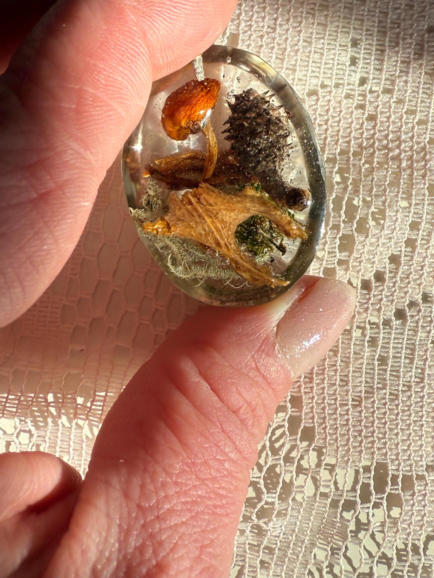 Foraged Lichen & Mushroom Pendant – Handmade Resin Necklace on Bronze Chain