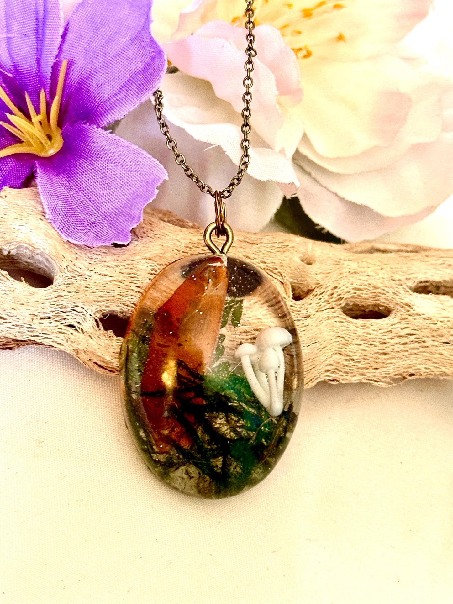 Orange Aura Quartz & Mushroom Pendant – Resin Nature Necklace on Bronze Chain