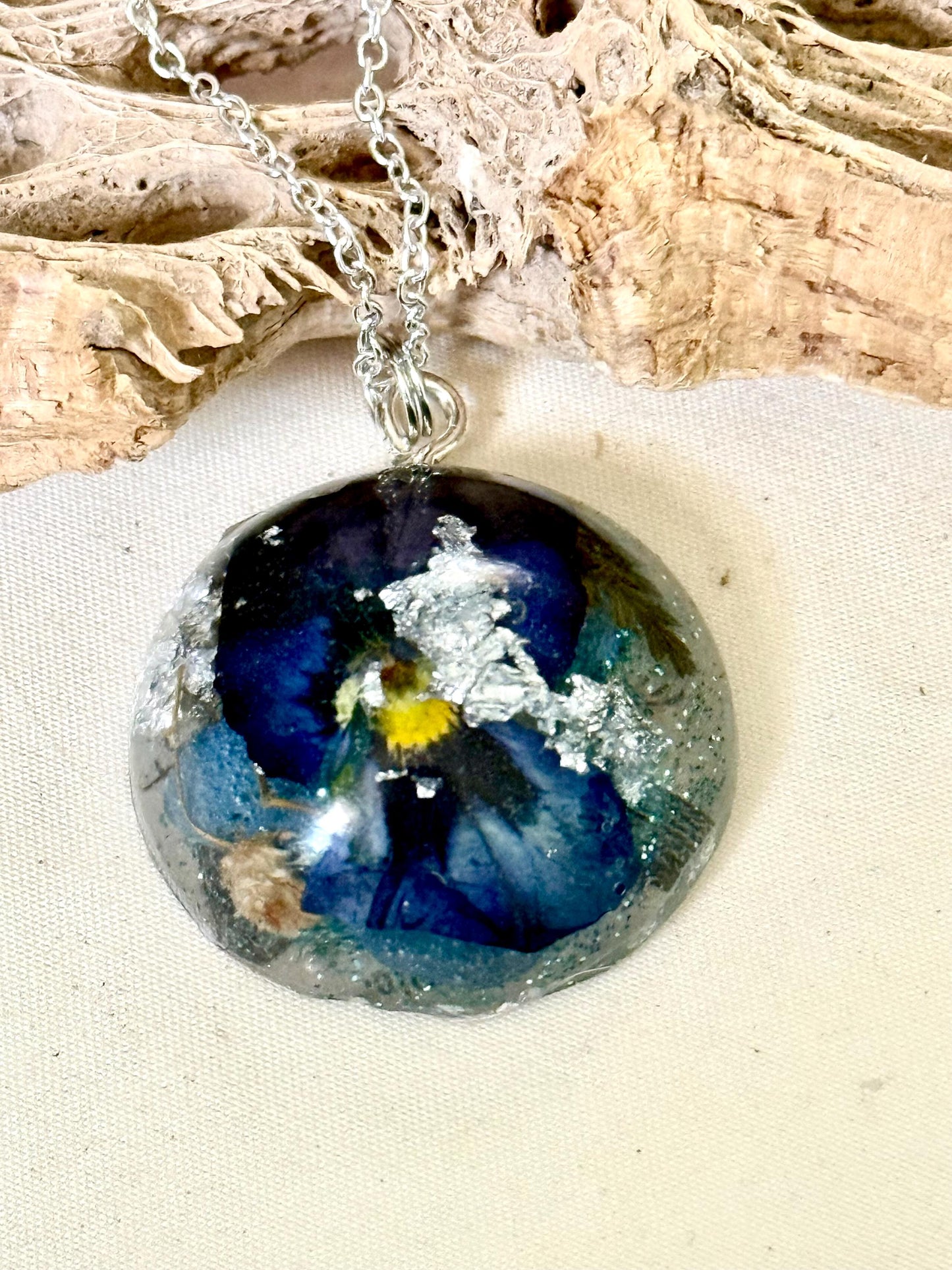 Pressed Viola Resin Pendant | Silver Flake Necklace | Handmade Floral Jewelry