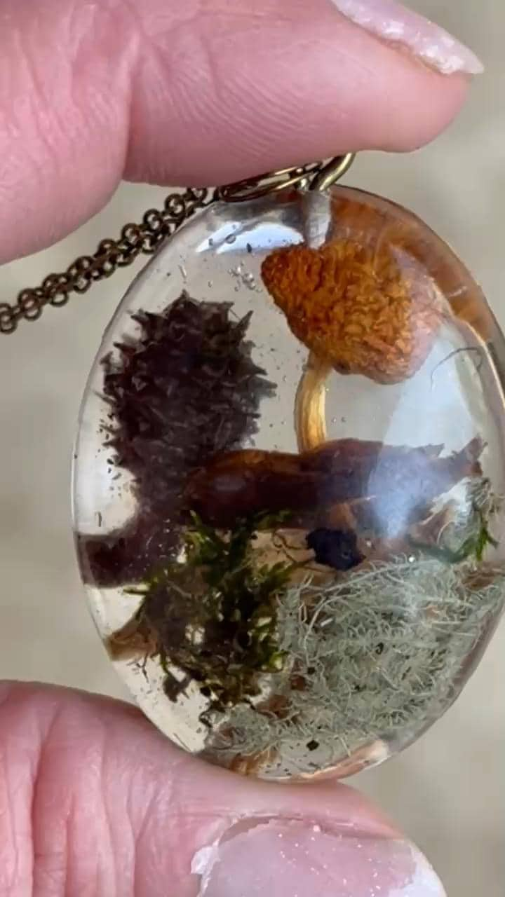 Foraged Lichen & Mushroom Pendant – Handmade Resin Necklace on Bronze Chain