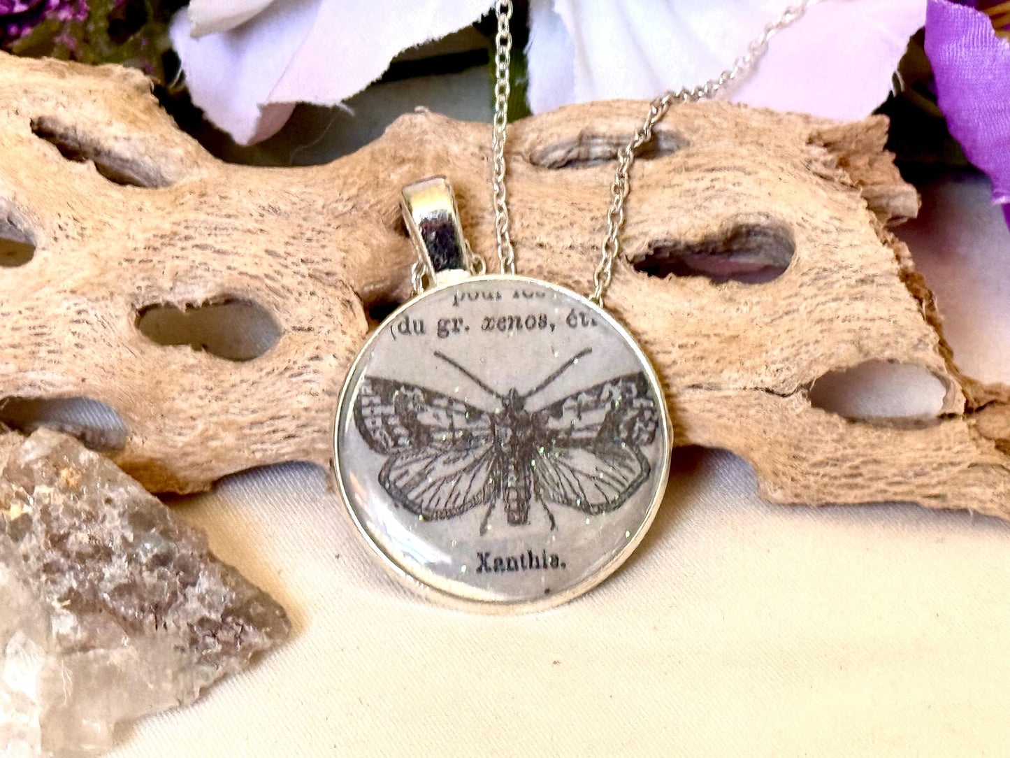 Vintage Moth Pendant Necklace - Gothic Insect Jewelry - Handmade Resin Pendant