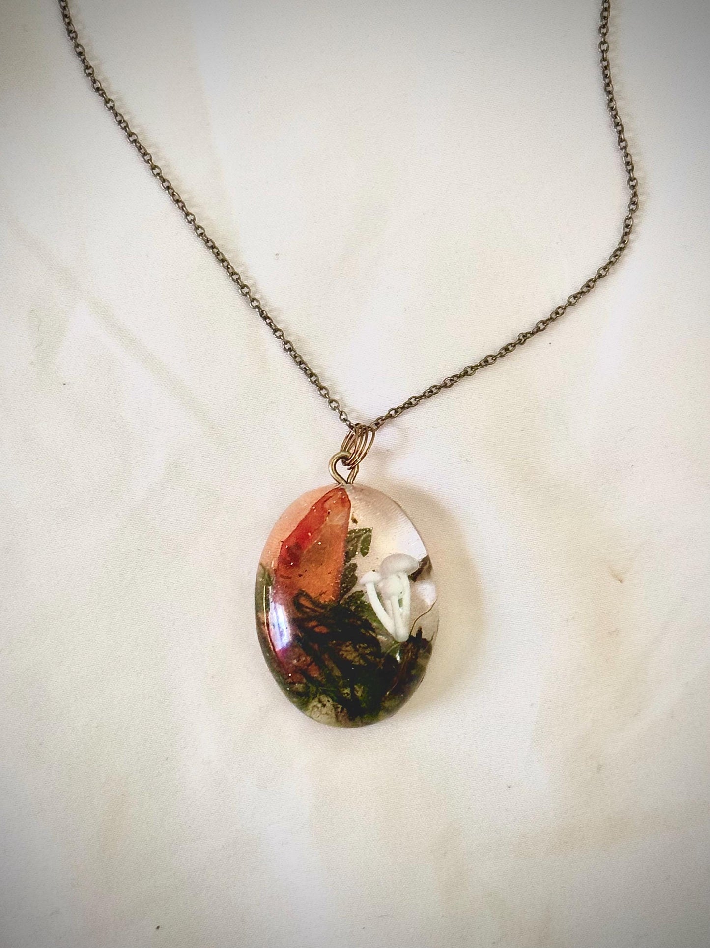 Orange Aura Quartz & Mushroom Pendant – Resin Nature Necklace on Bronze Chain