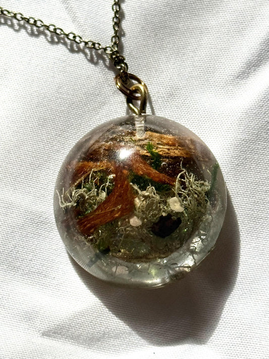 Lichen & Driftwood Resin Pendant – Nature-Inspired Necklace on Bronze Chain, Cottage Core, Forest Jewelry