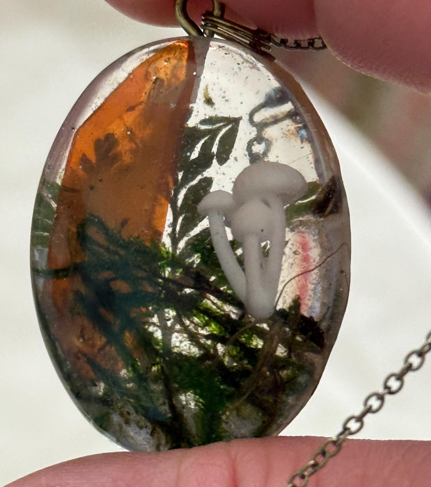 Orange Aura Quartz & Mushroom Pendant – Resin Nature Necklace on Bronze Chain