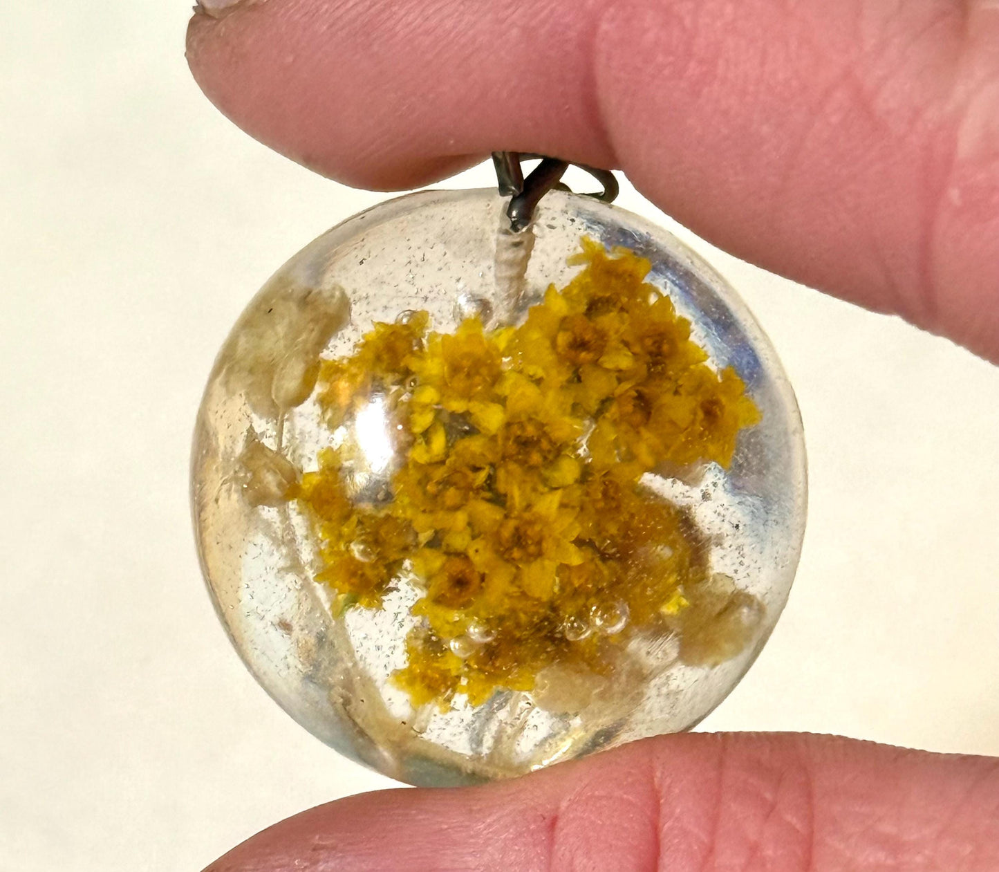 Handmade Resin Pendant with Tiny Yellow Flowers | Botanical Necklace | Bronze Chain Nature Jewelry