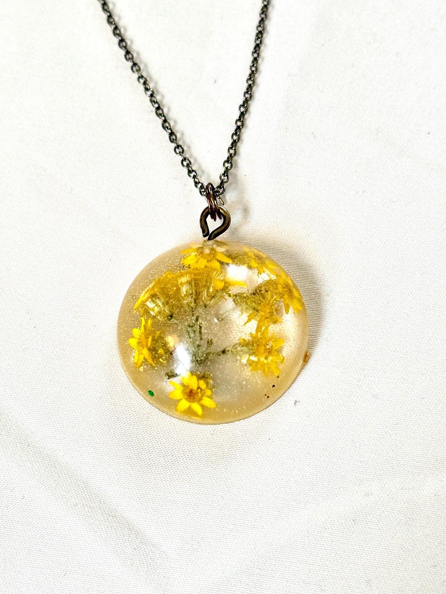 Handmade Resin Pendant with Tiny Yellow Flowers | Botanical Necklace | Bronze Chain Nature Jewelry