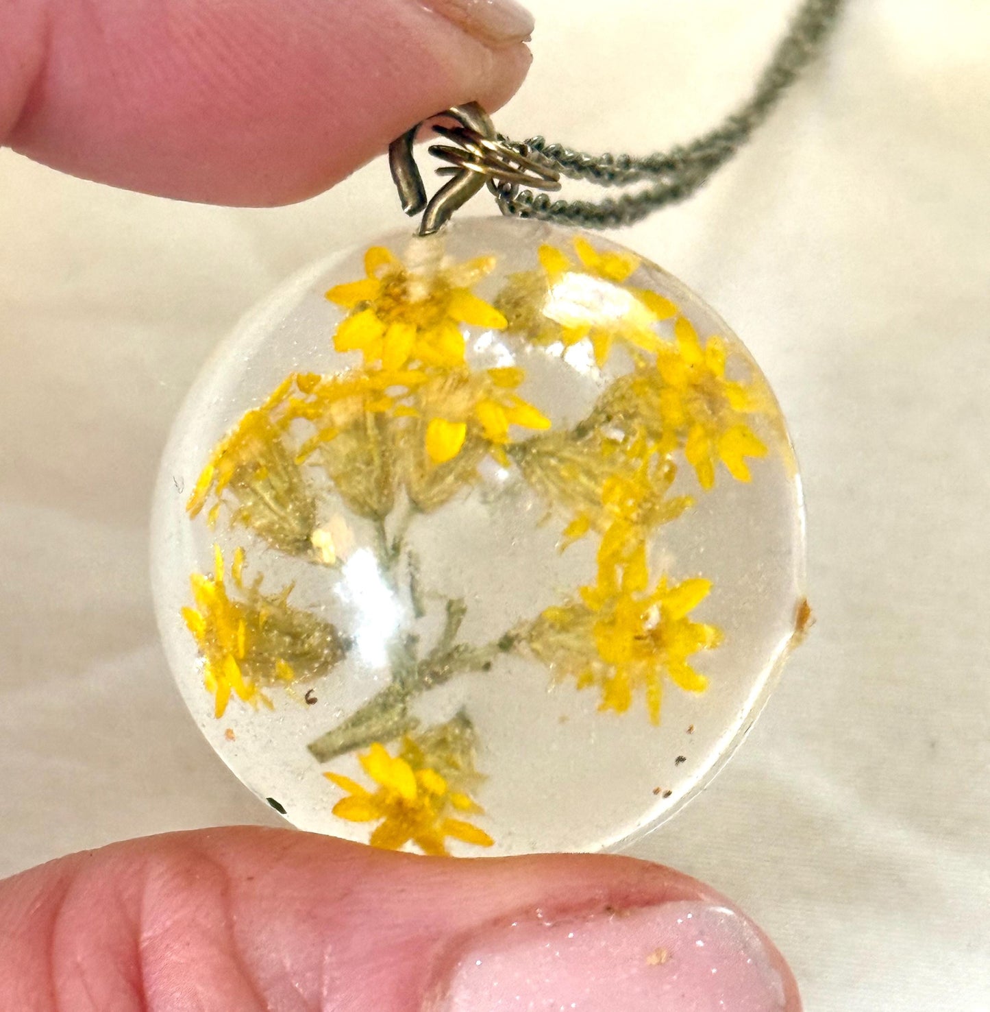 Handmade Resin Pendant with Tiny Yellow Flowers | Botanical Necklace | Bronze Chain Nature Jewelry