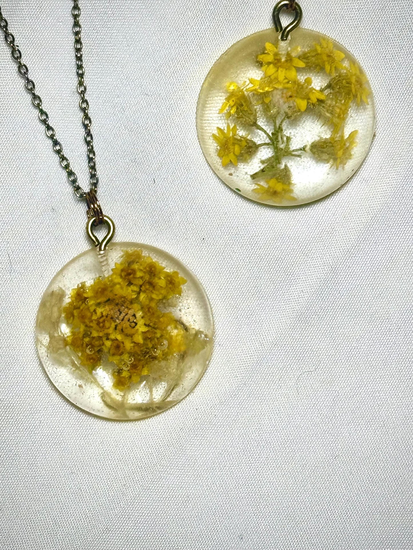 Handmade Resin Pendant with Tiny Yellow Flowers | Botanical Necklace | Bronze Chain Nature Jewelry