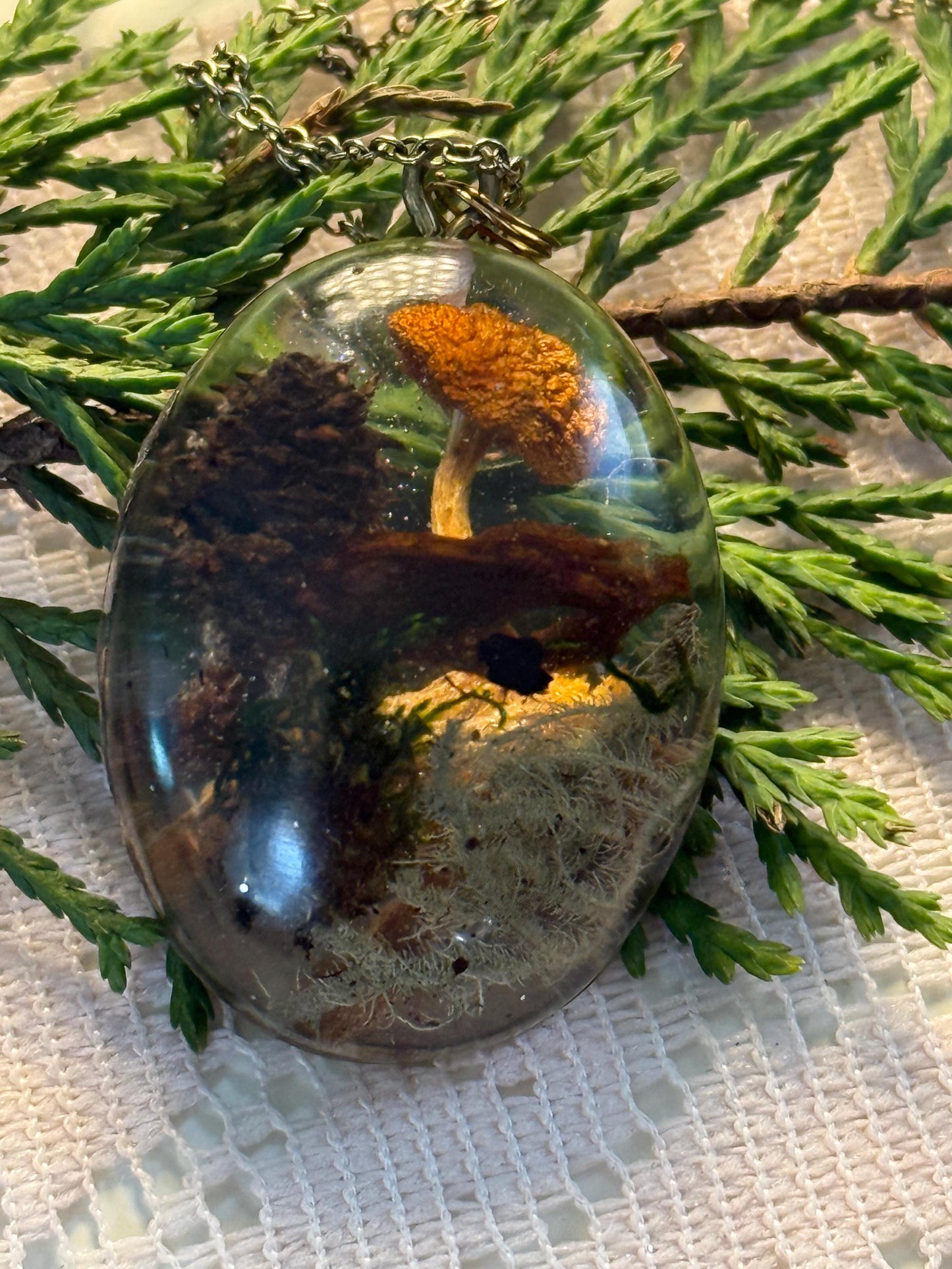 Foraged Lichen & Mushroom Pendant – Handmade Resin Necklace on Bronze Chain