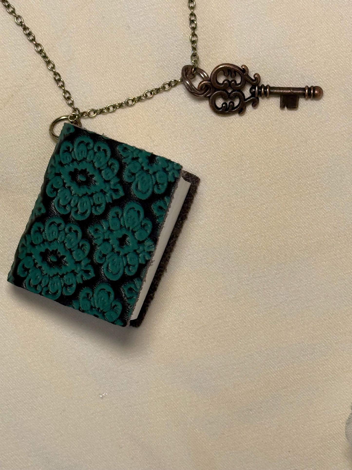 Handmade Mini Journal Necklace with Bronze Key – Antique Book Pendant, Vintage-Inspired Gift, Wearable Notebook