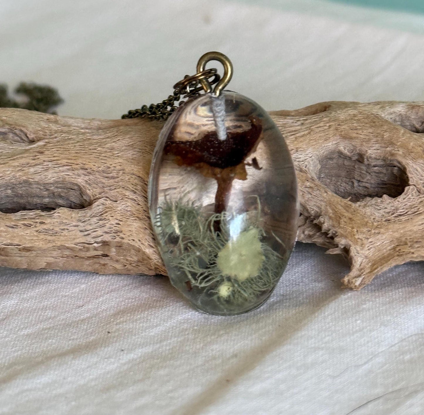 Tiny Dried Mushroom Pendant Necklace with Lichen, Resin Jewelry, Bronze Adjustable 16-18" Chain, Nature-Inspired Gift, Woodland Pendant