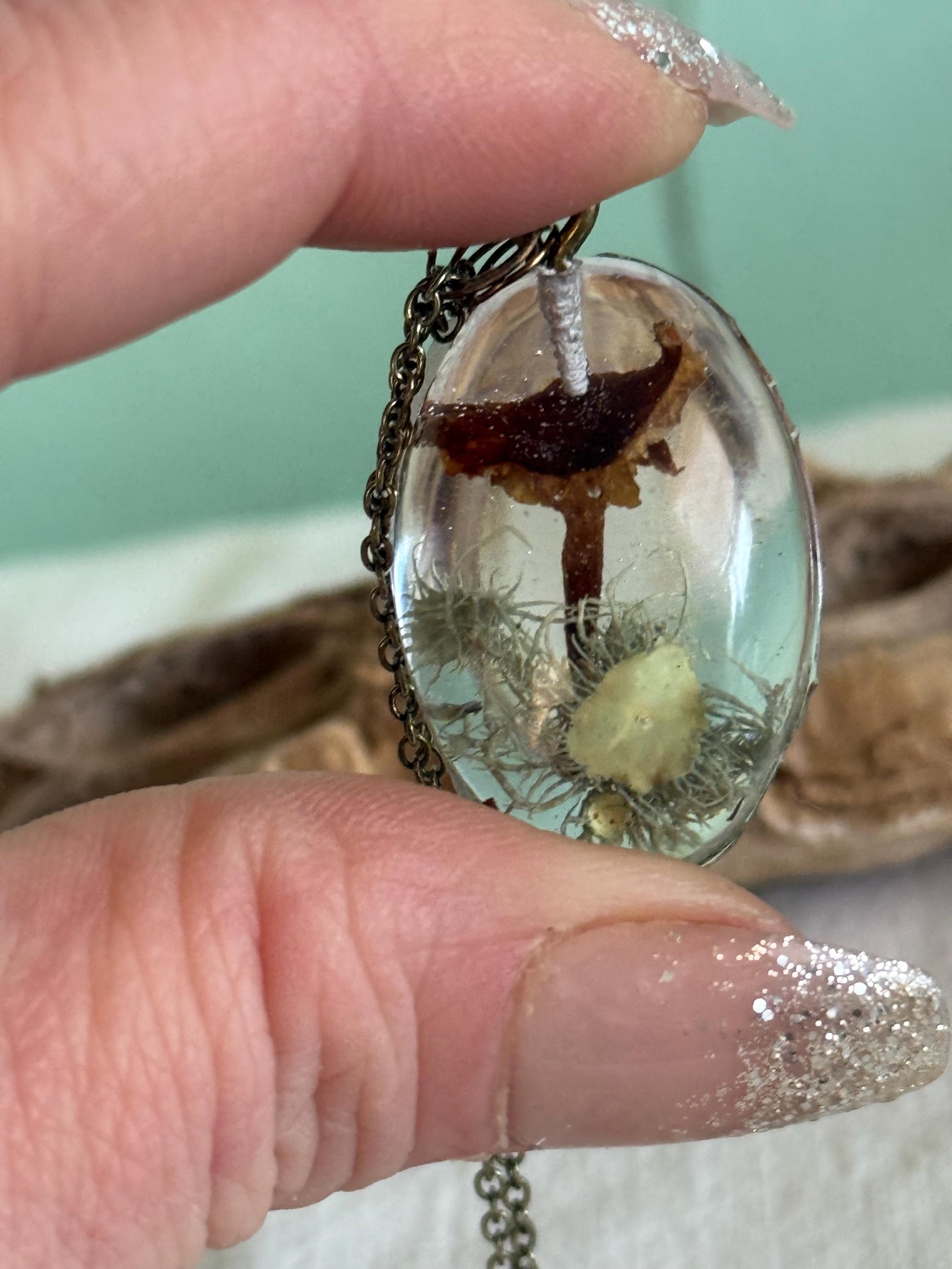 Tiny Dried Mushroom Pendant Necklace with Lichen, Resin Jewelry, Bronze Adjustable 16-18" Chain, Nature-Inspired Gift, Woodland Pendant